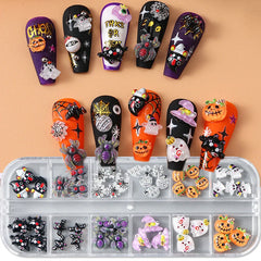 Set of 12 Halloween-Inspired Nail Art Decorations with Charming Bat, Spider and Pumpkin Artwork