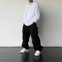 Men's Casual Cargo Pants Fashion Streetwear Classic Man Straight Wide-leg Pants Drawstring Workwear Trendy Loose Cargo Trousers
