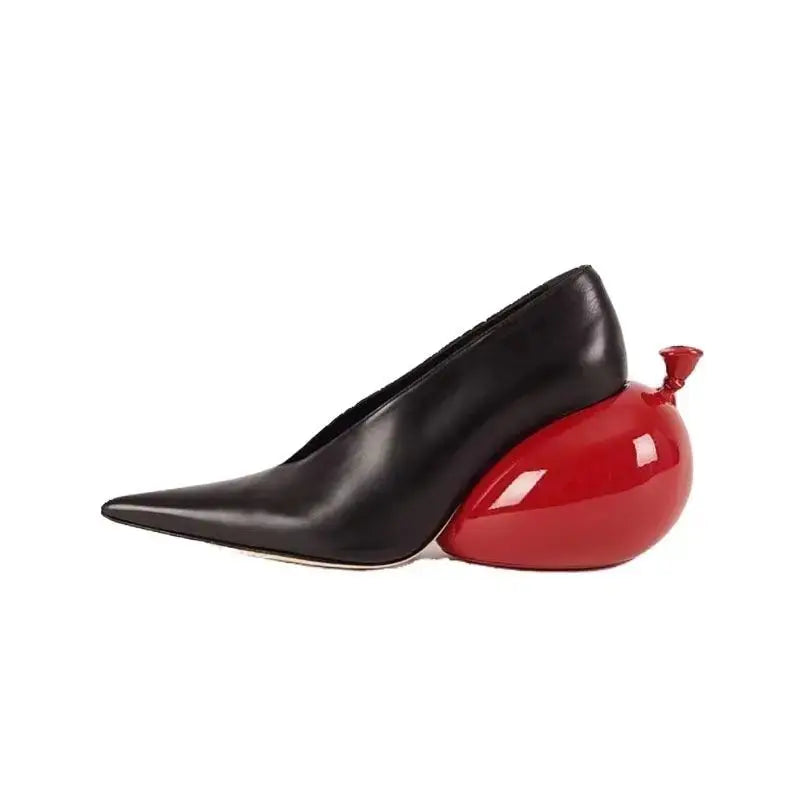 Women's Pumps Pointed Toe Black Leather Upper Red Balloon Shaped Heel Unique Design Fashion Statement Elegant Style Footwear