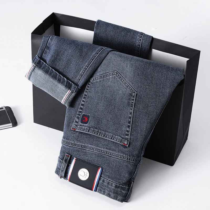 Men's Slim Fit Straight Leg Jeans European Style Versatile Business Casual Stretchy Long Pants