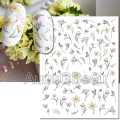 Nail Art 3d Decals Retro Watercolor Grey Flowers Leafs Letters Message Adhesive Sliders Nail Stickers For Manicure