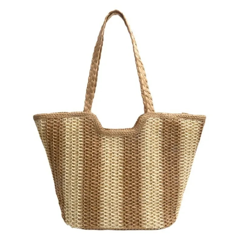 Tote Bag with Natural Two-Tone Straw Woven Finish & Braided Handle, Stylish & Breathable for Everyday Casual Activities & Work