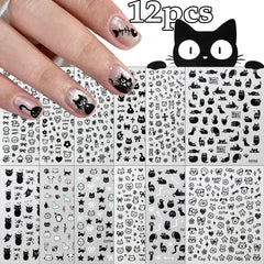 12sheet Cartoon Black Cat Nail Stickers Set Multiple Action Kawaii Puppy Kitten Nail Art Decals Adhesive Kids Manicure Decoratio