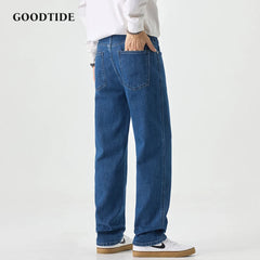 Fashion Men's American Nostalgic Retro Washed Straight Jeans Autumn Slightly Elastic Drape Original Color Casual Denim Pant