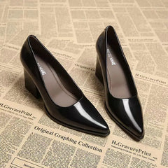 2026 New Spring Women Commuter Pumps Shoes Fashion Pointed Toe Slip On Shoes Elegant Thick Heel Work Leather Shoes