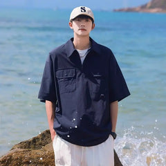 Semi-zipper Tooling Short-sleeved Shirt for Men and Women Summer New Japanese Retro Trendy Brand Polo