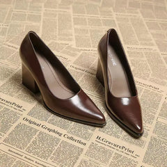 2026 New Spring Women Commuter Pumps Shoes Fashion Pointed Toe Slip On Shoes Elegant Thick Heel Work Leather Shoes