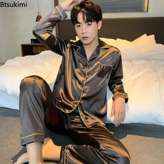 High Quality Men's Casual Pajama Sets Fashion Satin Long Sleeve Lapel Tops and Pants Homewaer Suit Men Comfort Lounge Sleepwear