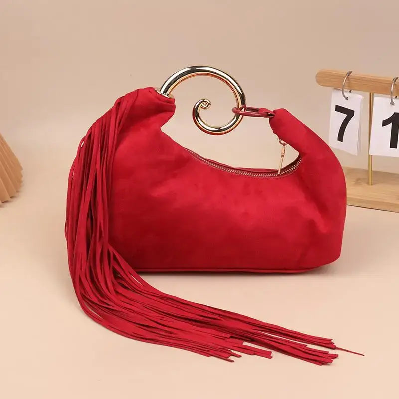 Trendy Vintage Evening Bags for Women, French Luxury Faux Suede Tassel Handbags with Durable Metal Handle