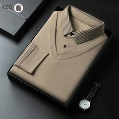 Men's Casual Fashion Long Sleeve Solid Color Polo Shirt 2025 Business Versatile Top All Season Fake Two-Piece