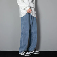 New Korean Men's Casual Long Jeans Classic Man Straight Denim Wide-leg Pants Solid Color Light Blue Grey Black