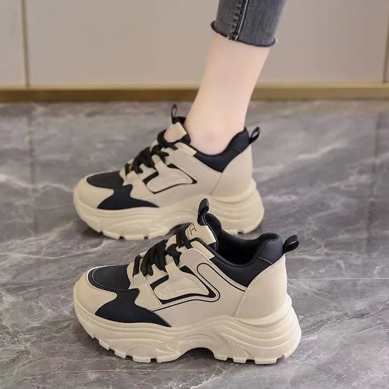 Women's Spring Sneakers with Thick Bottom and Leather Face High Inner Heel Shoes Comfortable for Sports and Casual Wear