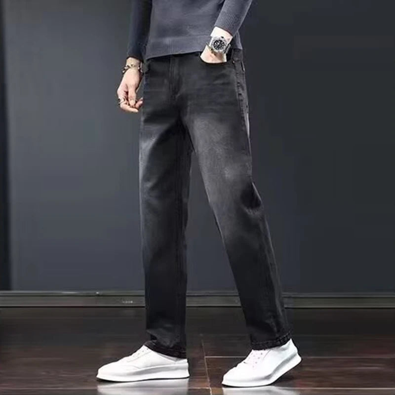 New Men Fashion Loose Straight Elasticity Jeans Male Wear-resistant Slim Fit Denim Pants Smart Casual Dark Gray Trousers