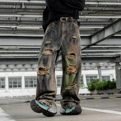 Jeans For Man Y2k Denim Pants New Trend Heavy Craft Washed Graffiti Curved Blade Design Baggy Jeans  Fashion Casual