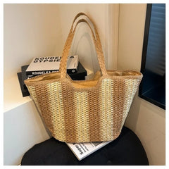 Tote Bag with Natural Two-Tone Straw Woven Finish & Braided Handle, Stylish & Breathable for Everyday Casual Activities & Work