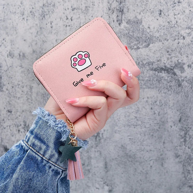Cute Cartoon Printed Wallets for Women Kawaii PU Leather Small Mini Money Bag Coin Purse with Tassel