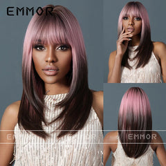Wig full head cover, pink gradient dark brown wig, straight hair wig with bangs, suitable for women's daily role-playing,
