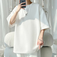 Men's V-Neck Waffle Texture Loose-Fit Short Sleeve T-Shirt - Breathable Casual Top, Soft Comfortable Fabric, Relaxed Fit Summer