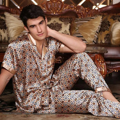 New Male Pajamas Set Homewear Print Short Sleeve Trouser Suits Pijamas Silky Satin Men Sleepwear Lounge Wear Loose Pyjama