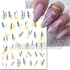 Nail Art 3d Decals Retro Watercolor Grey Flowers Leafs Letters Message Adhesive Sliders Nail Stickers For Manicure