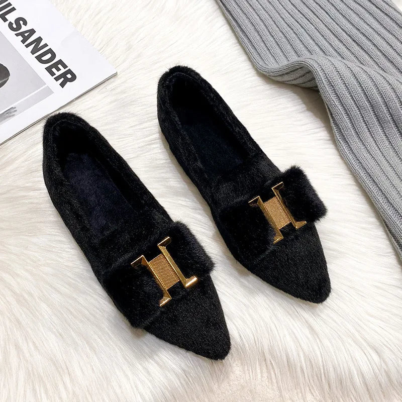 Flats Shoes for Women 2024 New Autumn Pointed Flat Mink Fur Winter Shoes Velvet Women's Loafers Ladies Shoes Plus Size 41 42 43