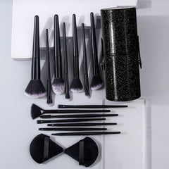 A set of 14 high-quality multi-purpose facial makeup brushes +2 soft triangular powder puffs +1 portable storage bucket