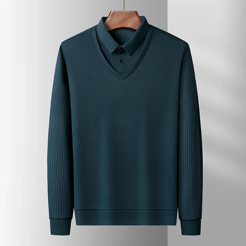 Men's Casual Fashion Long Sleeve Solid Color Polo Shirt 2025 Business Versatile Top All Season Fake Two-Piece
