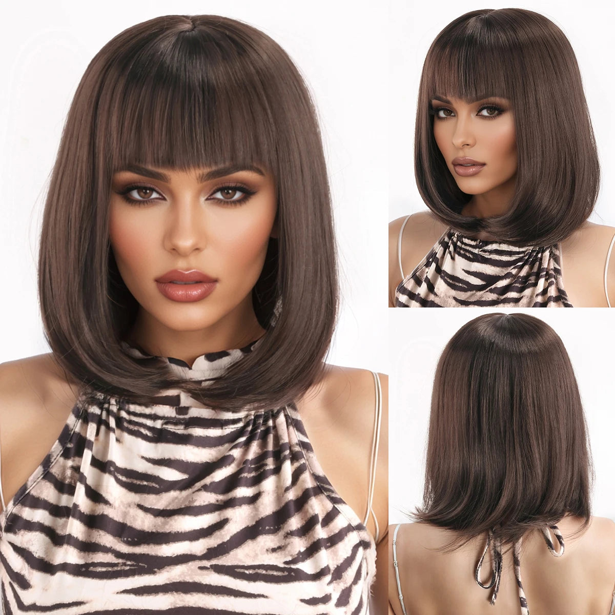 Wig for women, black-brown-linen color gradient, short hair with airy bangs Synthetic fiber wig