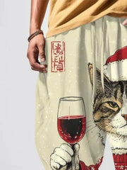 Men's Harem Pants Japanese Korean Style Cat Toast Celebrate Christmas Print Loose Drawstring Waist Sweatpants Fashion Long Pant