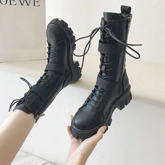 Women's Boots Fashion Motorcycle Boot Luxury High-tops Leather Boot Non Slip Platform Boots for Women Knight Boots Botas Mujer