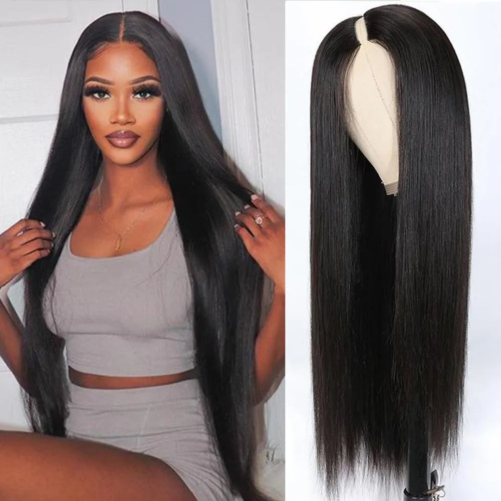 V Part Wigs Human Hair 100% Straight Human Hair Wigs No Leave Out Machine Made 250 Density Natural Black Beginner Friendly