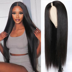 V Part Wigs Human Hair 100% Straight Human Hair Wigs No Leave Out Machine Made 250 Density Natural Black Beginner Friendly
