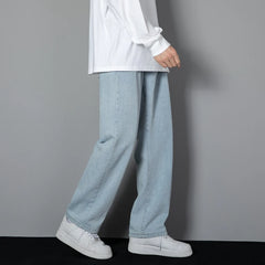 New Korean Men's Casual Long Jeans Classic Man Straight Denim Wide-leg Pants Solid Color Light Blue Grey Black