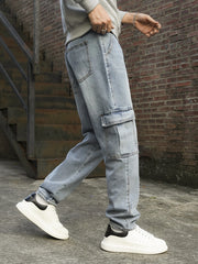 Men's Jeans Retro Blue Cargo Pants Multi-Pocket Work Wear Denim Trousers Casual Regular-Fit Trendy Men Clothes Free Shipping