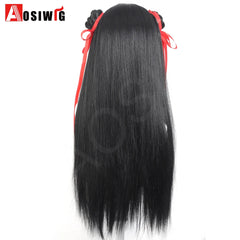 Anime Chinese Movies Cosplay Wig Black Long Straight Hair With Braid Red Ribbon Double Bun styleet Wig Cosplay Halloween Wig