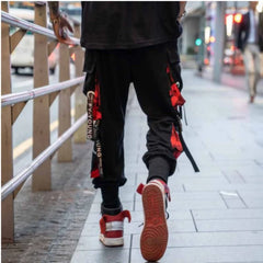 Men's Cargo Pants Casual Hip Hop Hit Color Multiple Pockets Trousers Streetwear Ribbons Techwear Sweatpants