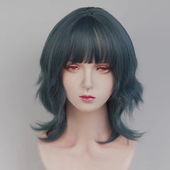 VICWIG Blue Short Wavy Mullet Head Wigs with Bangs Synthetic Lolita Cosplay Women Hair Wig for Daily Party