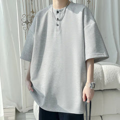 Men's V-Neck Waffle Texture Loose-Fit Short Sleeve T-Shirt - Breathable Casual Top, Soft Comfortable Fabric, Relaxed Fit Summer