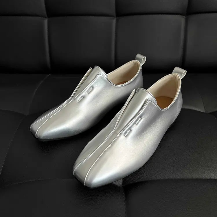 Flats Slip On Silver Women Flat Shoes Genuine Leather Sheepskin Comfort Beige Simple Shoes Spring Autumn Soft Loafers Square Toe