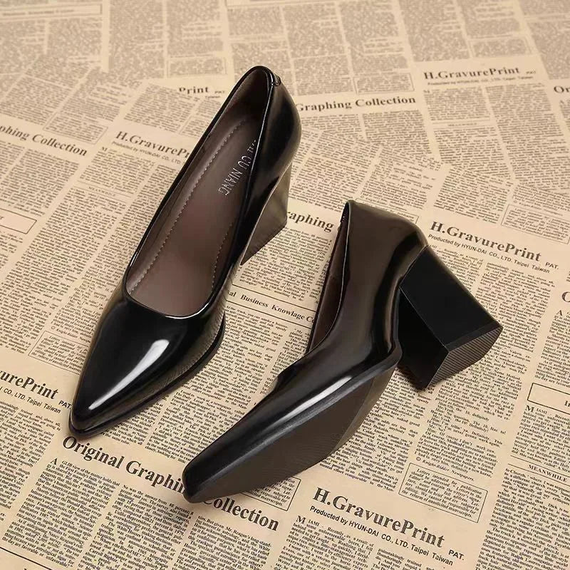 2026 New Spring Women Commuter Pumps Shoes Fashion Pointed Toe Slip On Shoes Elegant Thick Heel Work Leather Shoes