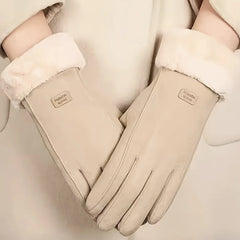 Comfortable beige touchscreen gloves with plush lining - providing thick and warm winter protection for outdoor leisure