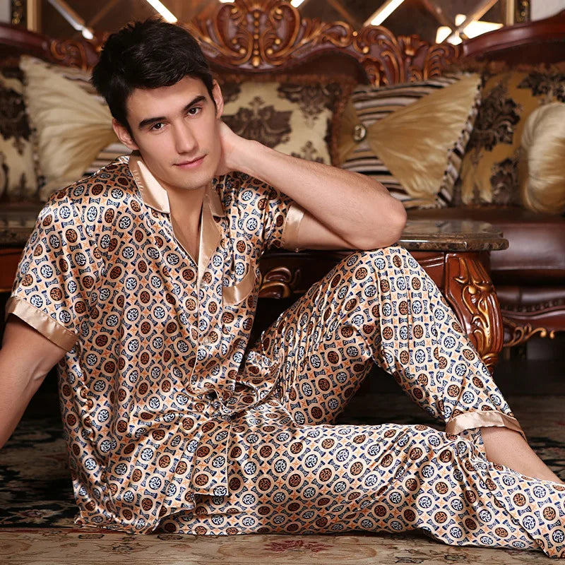New Male Pajamas Set Homewear Print Short Sleeve Trouser Suits Pijamas Silky Satin Men Sleepwear Lounge Wear Loose Pyjama