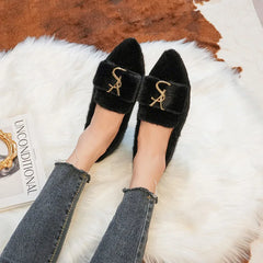 Flats Shoes for Women 2024 New Autumn Pointed Flat Mink Fur Winter Shoes Velvet Women's Loafers Ladies Shoes Plus Size 41 42 43