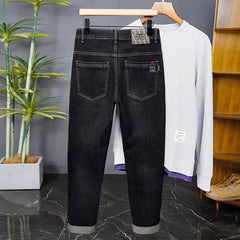 Spring Fashion Elastic Waist Vintage Pant Male Denim Straight High Street Trousers Ripped Soft Stretch Slim Fit Jeans Casual Men