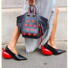 Women's Pumps Pointed Toe Black Leather Upper Red Balloon Shaped Heel Unique Design Fashion Statement Elegant Style Footwear