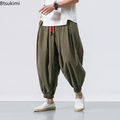 Fashion Harem Pants Men's Chinese Style Loose Cotton Linen Trousers Trend Streetwear Man Casual Pants Japanese Kimono Sweatpants