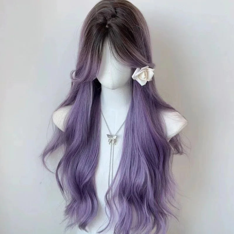 Wig Female Full Head Wig Hairstyle Long Hair Gradient Purple Cosplay Big Wave Long Curled Hair Simulation Hair
