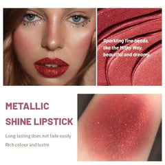Metallic Pearlescent Lipstick, Long Lasting Waterproof Lip Makeup, Smooth Hydrating Formula for Plump Glossy Lips