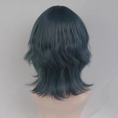 VICWIG Blue Short Wavy Mullet Head Wigs with Bangs Synthetic Lolita Cosplay Women Hair Wig for Daily Party