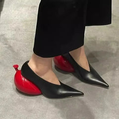 Women's Pumps Pointed Toe Black Leather Upper Red Balloon Shaped Heel Unique Design Fashion Statement Elegant Style Footwear